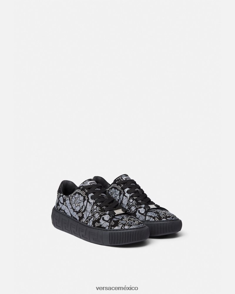 Versace zapatillas con greca y tachuelas negro zapato hombres 84626J1555