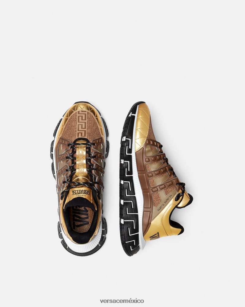 Versace zapatillas trigrecas marrón y dorado zapato hombres 84626J1512