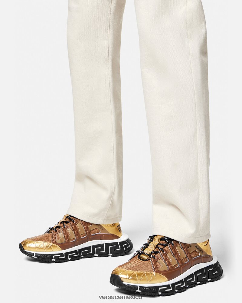 Versace zapatillas trigrecas marrón y dorado zapato hombres 84626J1512