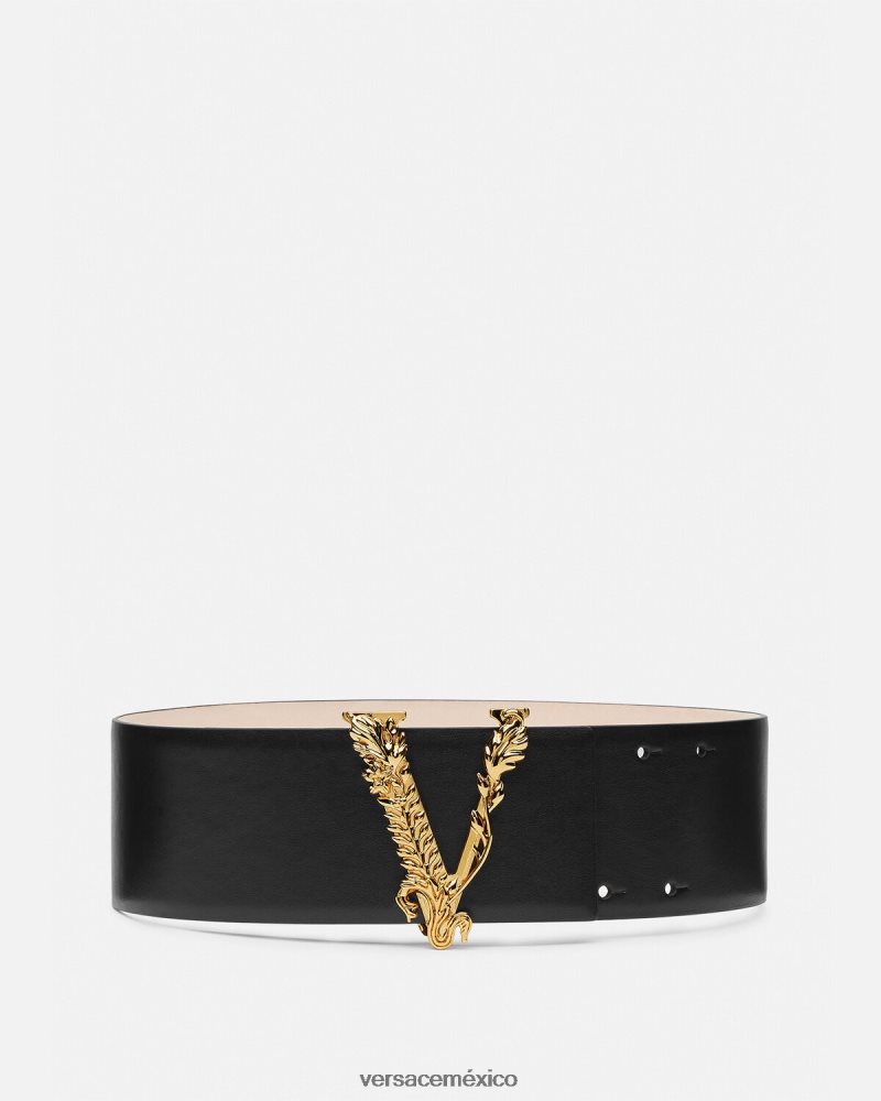 Versace cinturón ancho virtus de piel negro accesorios mujer 84626J542