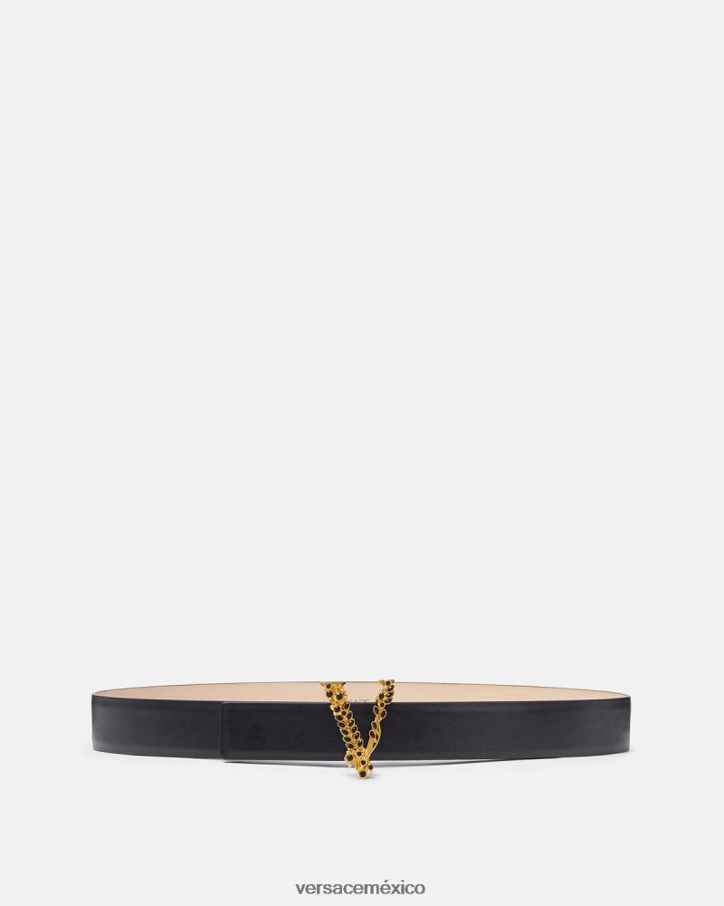Versace cinturón de cuero virtus con cristales negro accesorios mujer 84626J551
