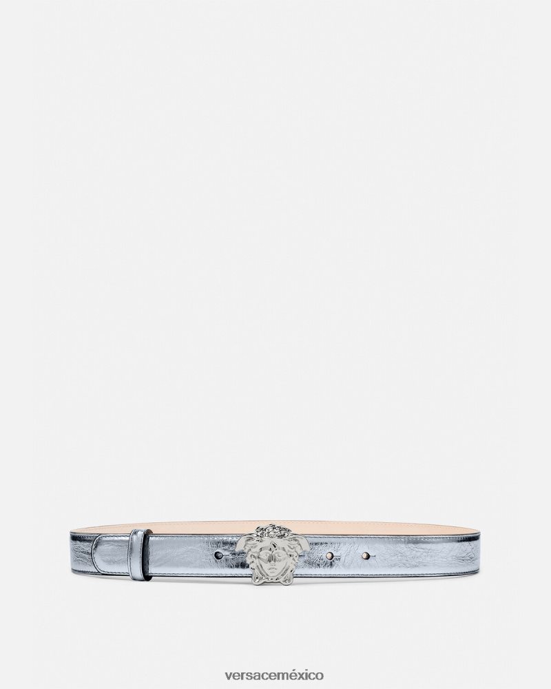Versace cinturón de piel metalizado la medusa azul claro accesorios mujer 84626J521