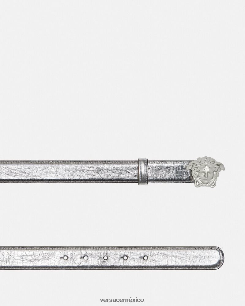 Versace cinturón de piel metalizado la medusa gris accesorios mujer 84626J519