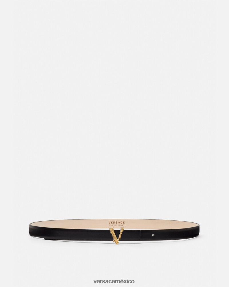 Versace cinturón fino de cuero virtus negro accesorios mujer 84626J540