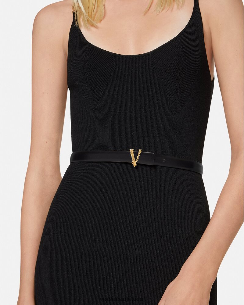 Versace cinturón fino de cuero virtus negro accesorios mujer 84626J540