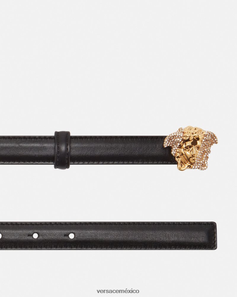 Versace cinturón fino de piel con medusa y cristales negro accesorios mujer 84626J524