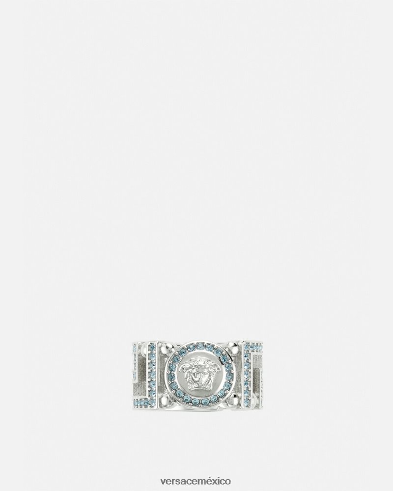 Versace anillo con medusa y greca de cristal azul claro y metalizado accesorios mujer 84626J723