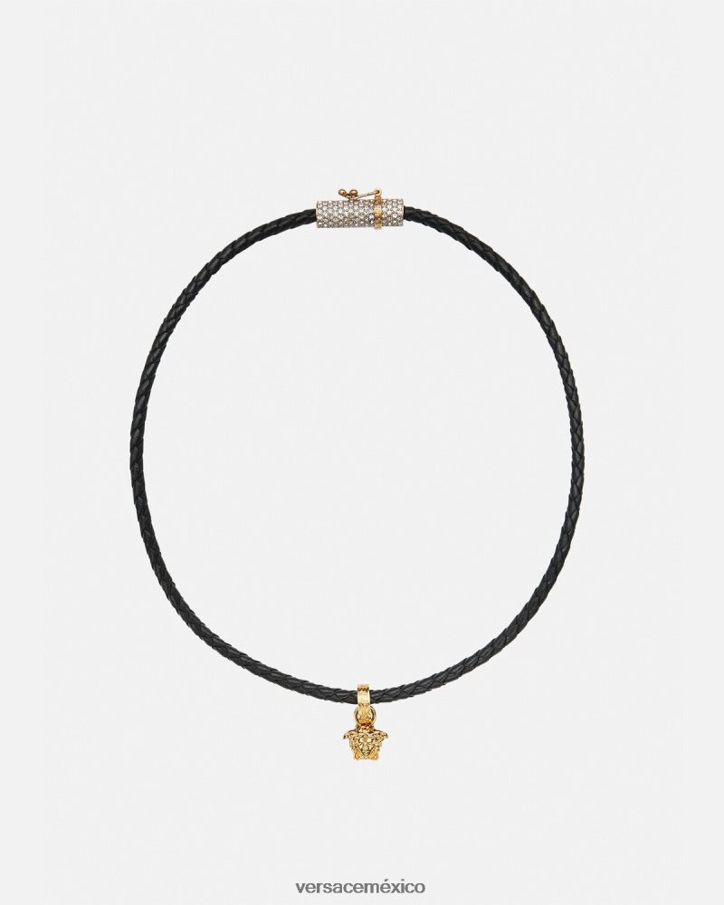 Versace collar de cuero con medusa y cristales negro accesorios mujer 84626J812