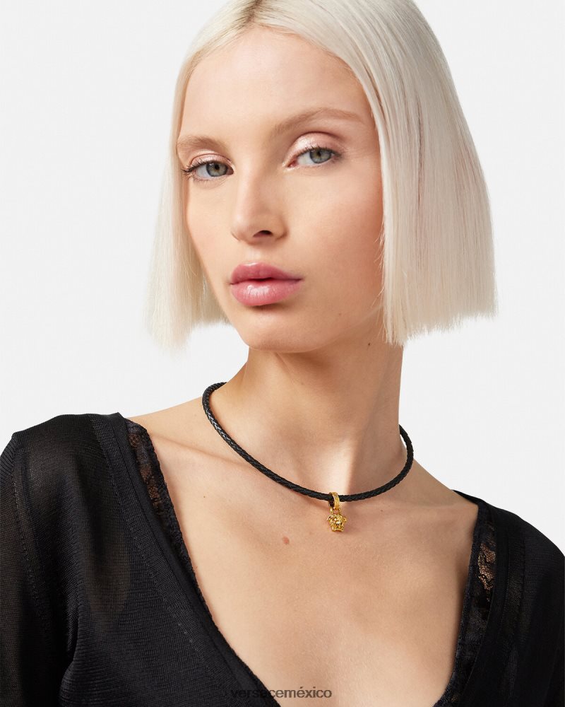 Versace collar de cuero con medusa y cristales negro accesorios mujer 84626J812