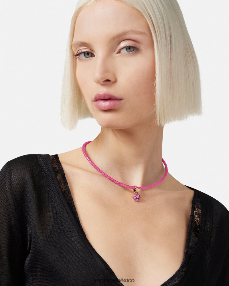 Versace collar de cuero con medusa y cristales rosa accesorios mujer 84626J852
