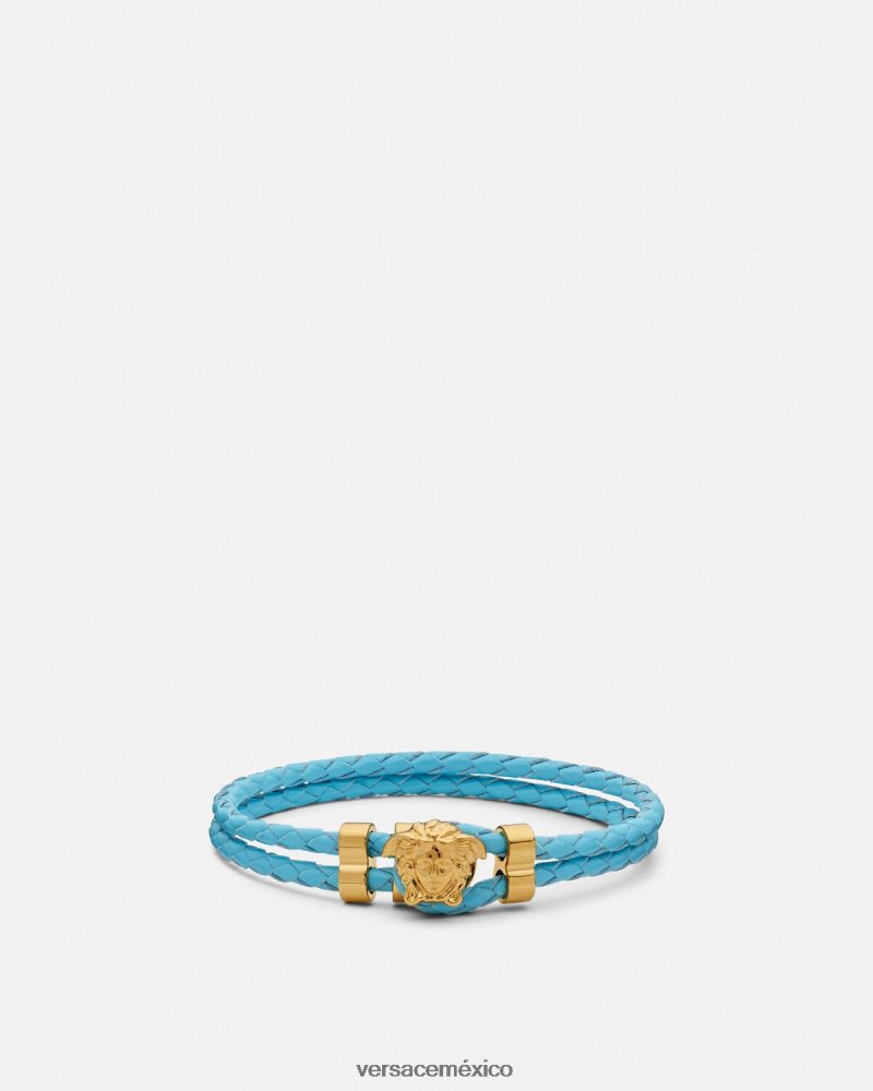 Versace pulsera de cuero trenzado con medusa azul claro accesorios mujer 84626J739