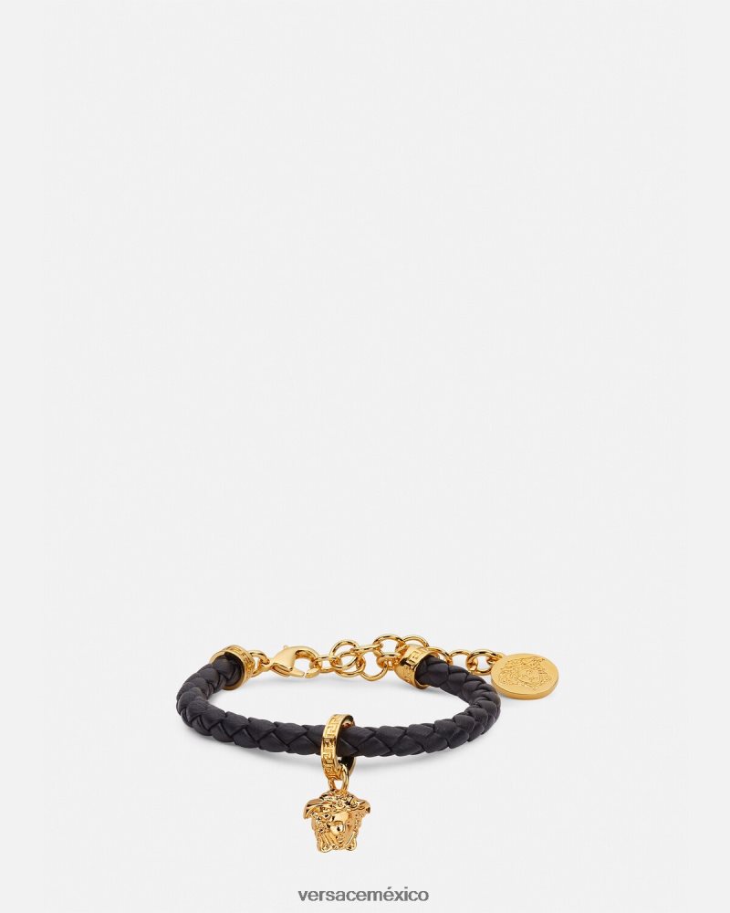 Versace pulsera de cuero trenzado con medusa negro accesorios mujer 84626J767