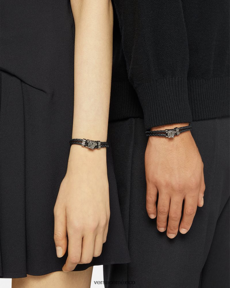 Versace pulsera de cuero trenzado con medusa negro accesorios mujer 84626J769