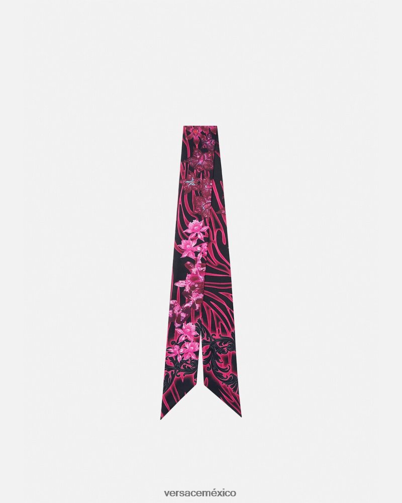 Versace corbata tipo fular de seda barroco con orquídeas fucsia y estampado accesorios mujer 84626J922
