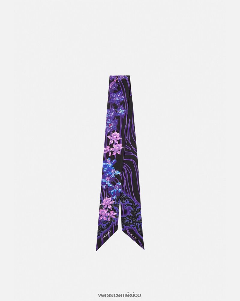 Versace corbata tipo fular de seda barroco con orquídeas violeta y estampado accesorios mujer 84626J923