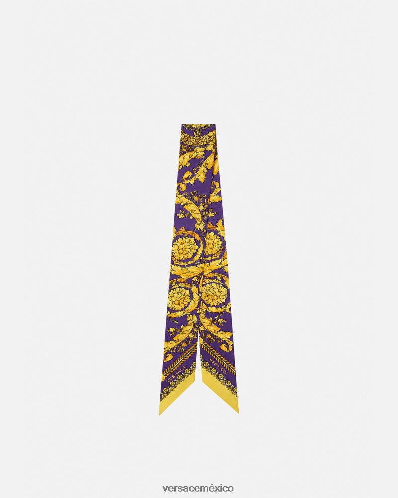Versace corbata tipo pañuelo de seda barroco violeta y oro accesorios mujer 84626J916