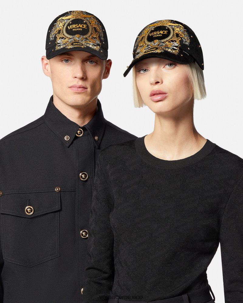 Versace gorra de béisbol con rejilla de cristal barroco negro accesorios mujer 84626J908