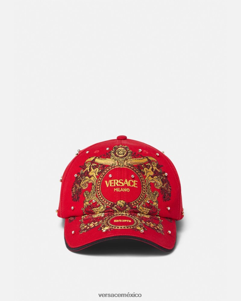 Versace gorra de béisbol con rejilla de cristal barroco rojo accesorios mujer 84626J909