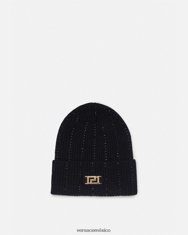 Versace gorro de canalé con greca y cristales negro accesorios mujer 84626J874