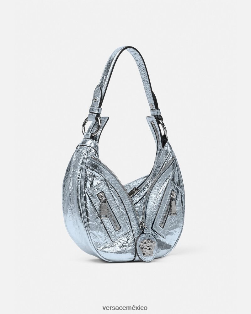 Versace bolso hobo pequeño metalizado repetido azul claro bolsas mujer 84626J279