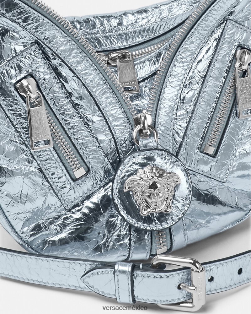 Versace bolso hobo pequeño metalizado repetido azul claro bolsas mujer 84626J279