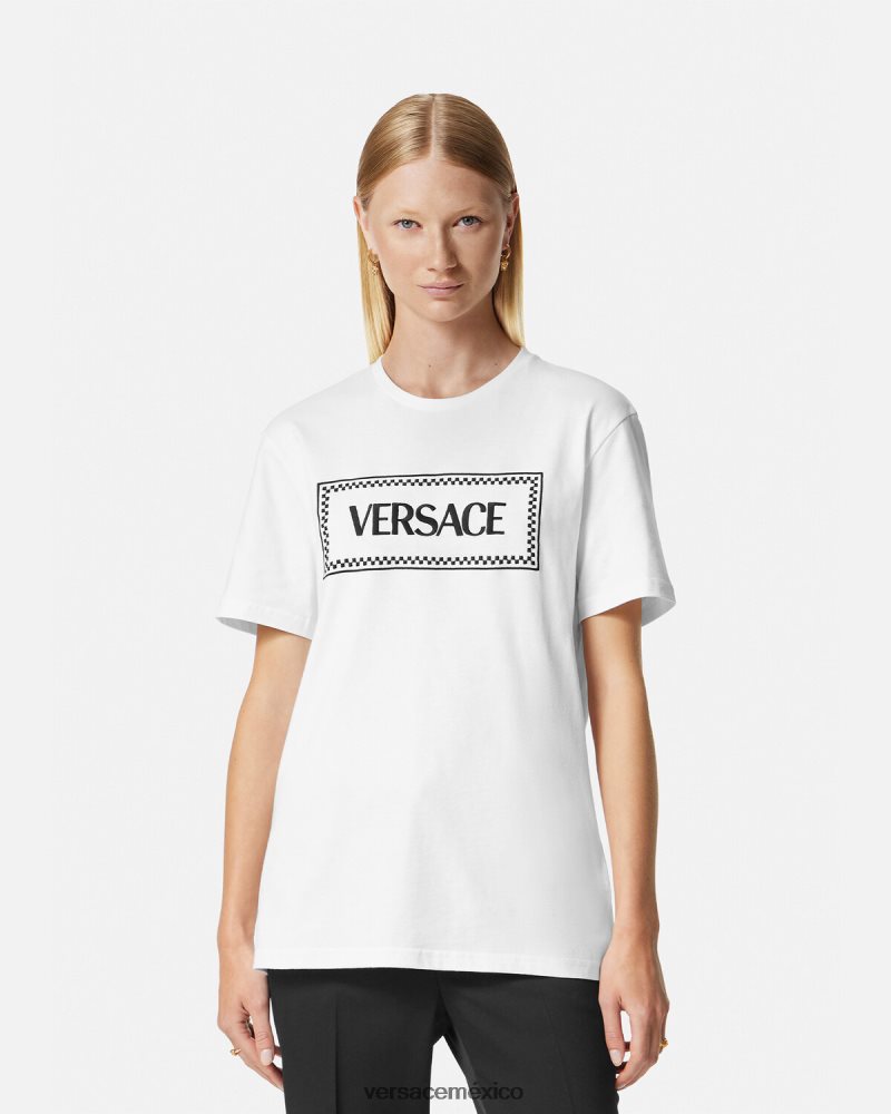 Versace camiseta con logo bordado blanco negro ropa mujer 84626J136
