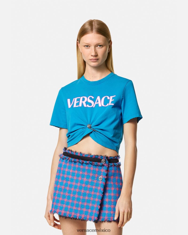Versace camiseta con logo de imperdible azul ropa mujer 84626J140
