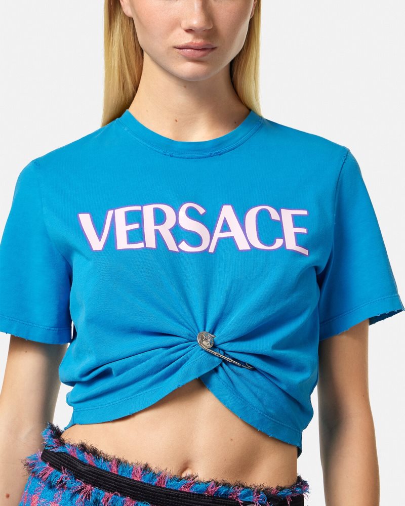 Versace camiseta con logo de imperdible azul ropa mujer 84626J140