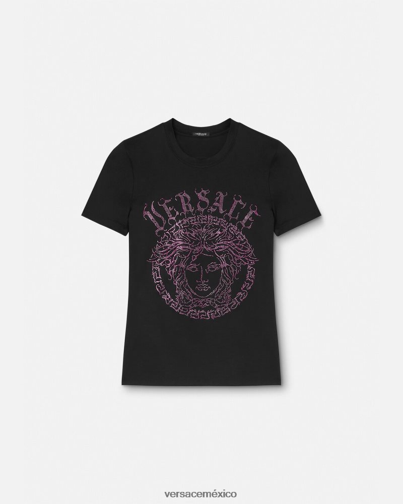 Versace camiseta con logo de medusa y cristales negro y rosa ropa mujer 84626J153