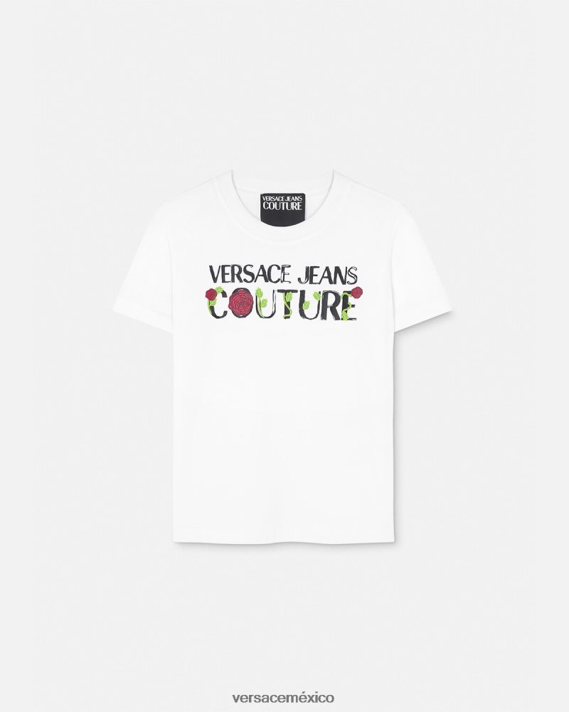 Versace camiseta con logo de rosas blanco ropa mujer 84626J2169