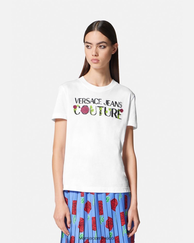 Versace camiseta con logo de rosas blanco ropa mujer 84626J2169