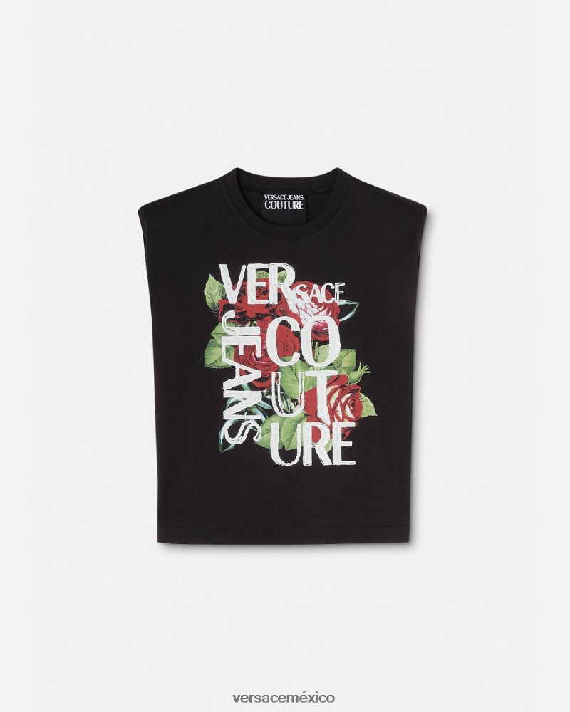 Versace camiseta con logo de rosas negro ropa mujer 84626J2174