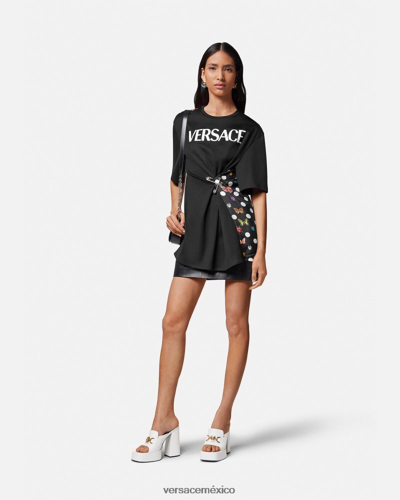 Versace camiseta con logo y mariposas negro y naranja y rojo ropa mujer 84626J131