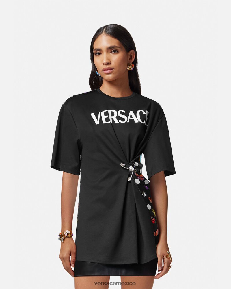 Versace camiseta con logo y mariposas negro y naranja y rojo ropa mujer 84626J131