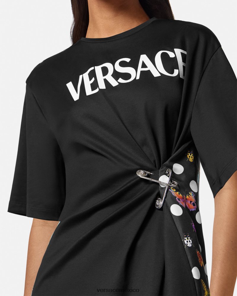 Versace camiseta con logo y mariposas negro y naranja y rojo ropa mujer 84626J131