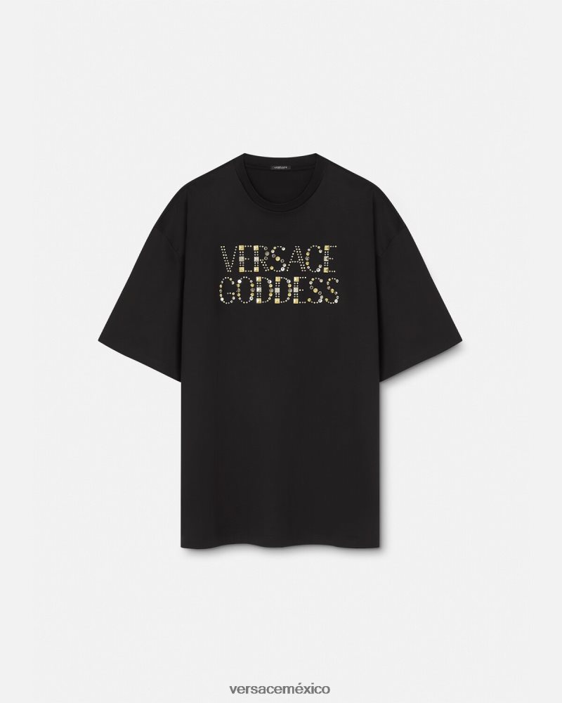 Versace camiseta con tachuelas de diosa negro ropa mujer 84626J156