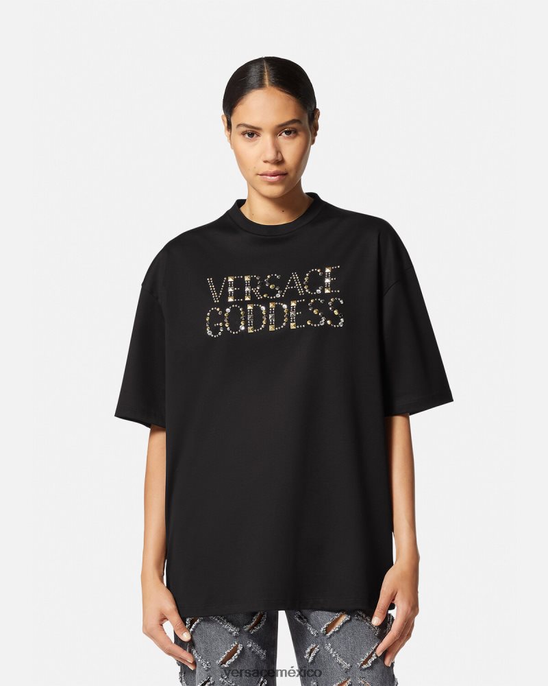 Versace camiseta con tachuelas de diosa negro ropa mujer 84626J156