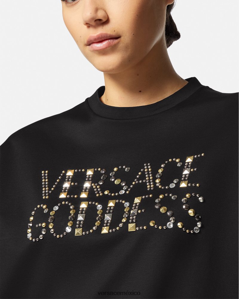 Versace camiseta con tachuelas de diosa negro ropa mujer 84626J156