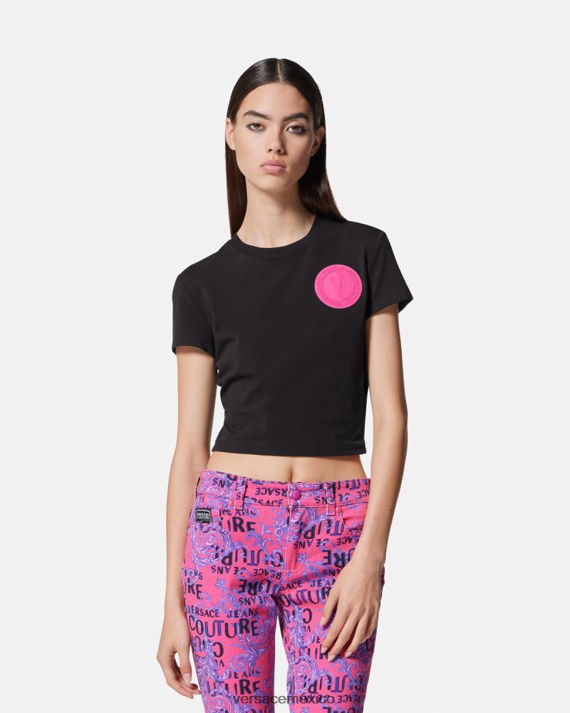 Versace camiseta corta con emblema en V negro ropa mujer 84626J2230