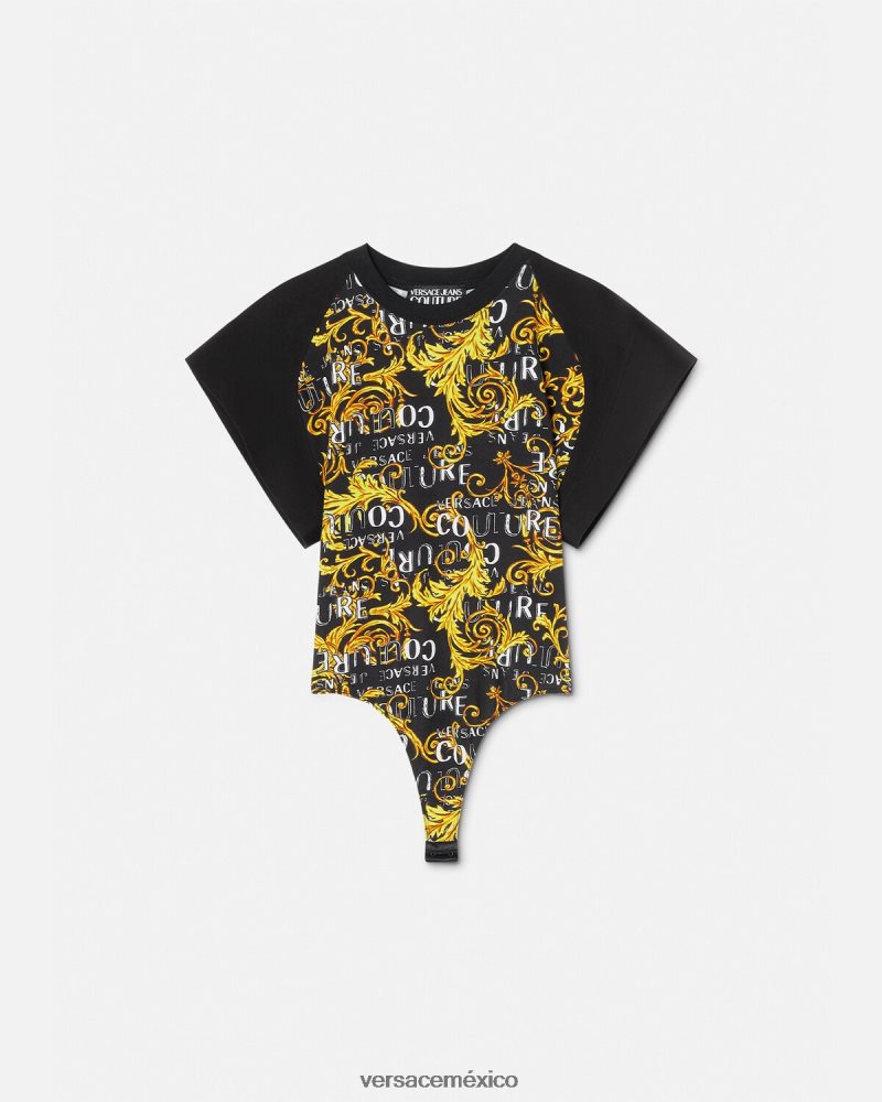 Versace camiseta tipo body de alta costura con logo oro negro ropa mujer 84626J2208
