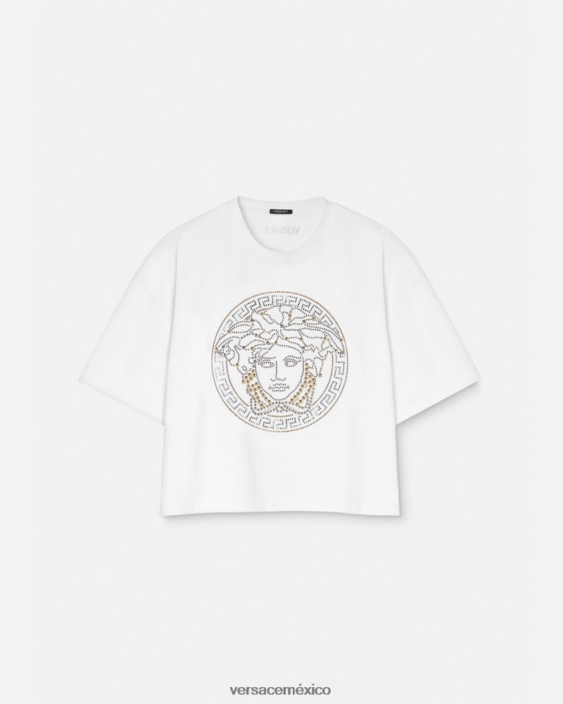 Versace top corto con tachuelas y medusa blanco ropa mujer 84626J154