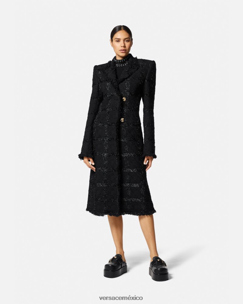 Versace abrigo largo de tweed con pinchos negro ropa mujer 84626J102