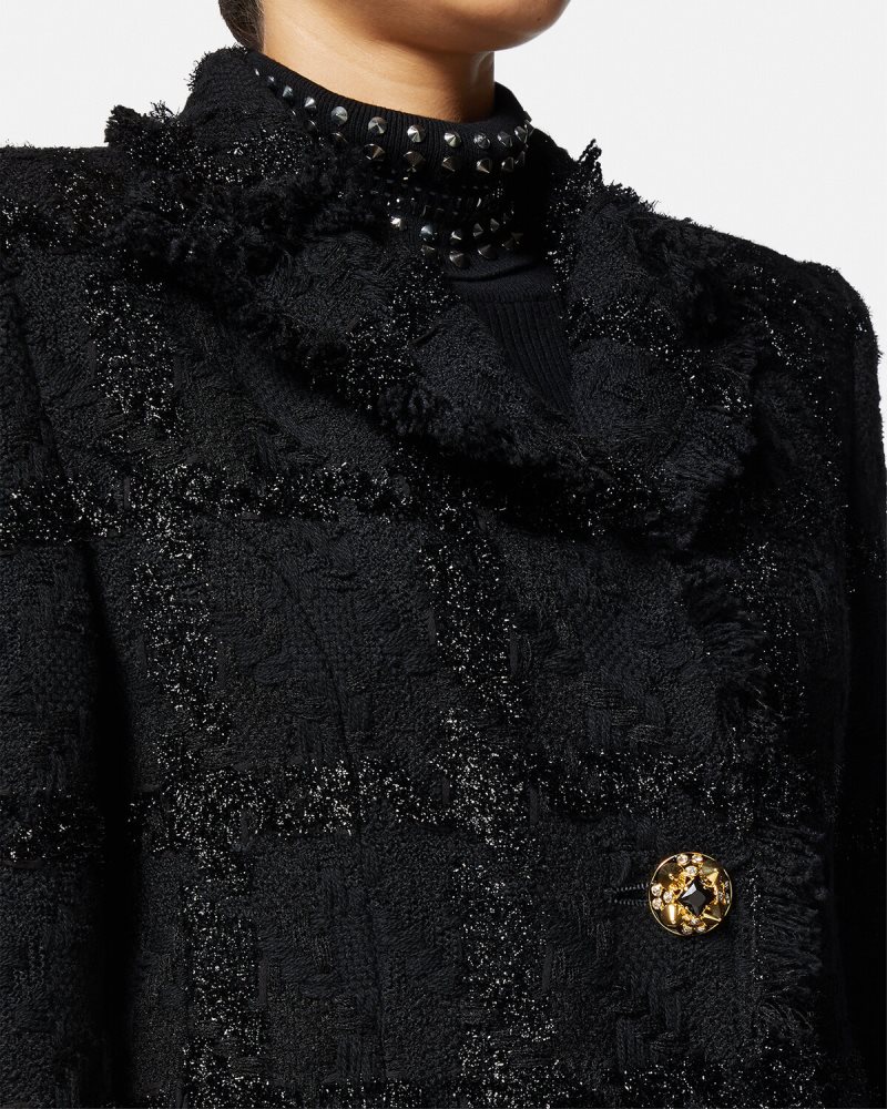 Versace abrigo largo de tweed con pinchos negro ropa mujer 84626J102