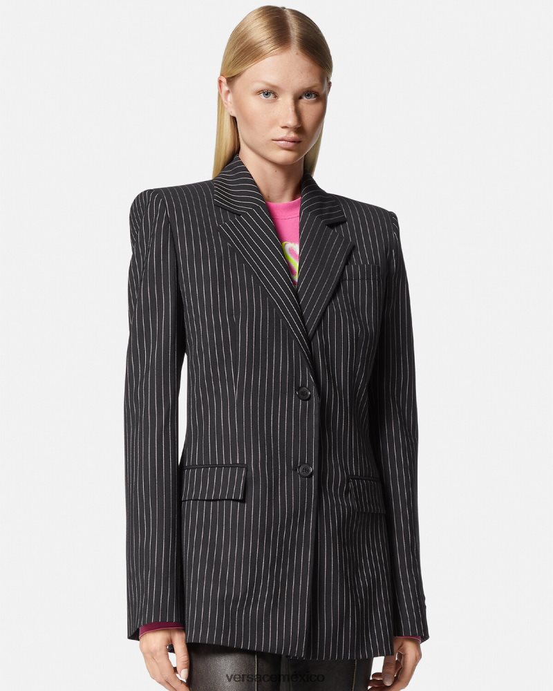 Versace blazer a rayas diplomáticas con botonadura sencilla negro ropa mujer 84626J113