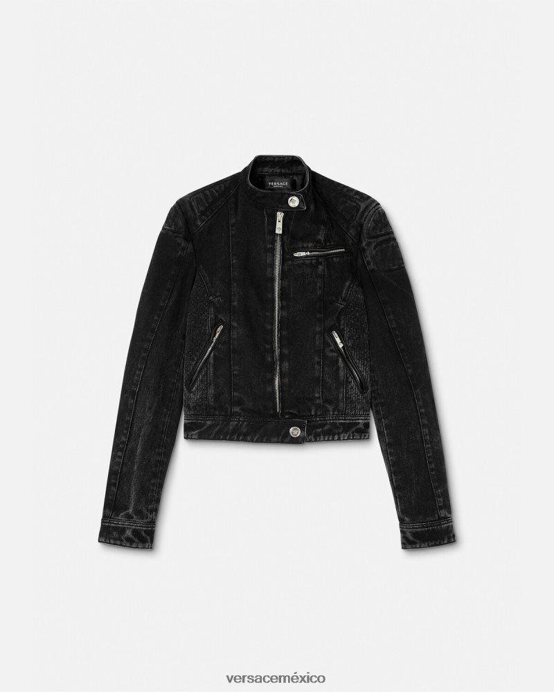 Versace chamarra biker de mezclilla con Medusa negro ropa mujer 84626J100