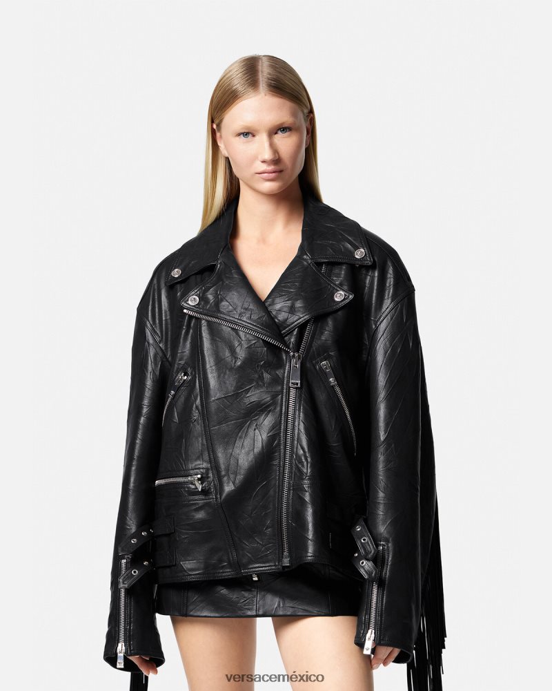 Versace chaqueta de cuero con flecos negro ropa mujer 84626J101