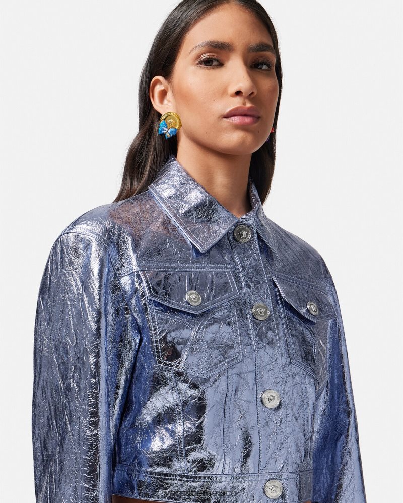 Versace chaqueta de cuero metalizada con medusa metálico ropa mujer 84626J80