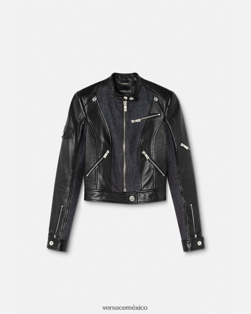 Versace chaqueta motera de cuero denim negro ropa mujer 84626J90