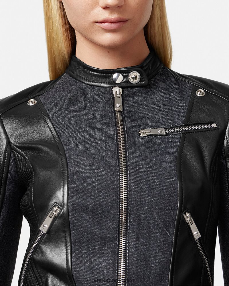 Versace chaqueta motera de cuero denim negro ropa mujer 84626J90