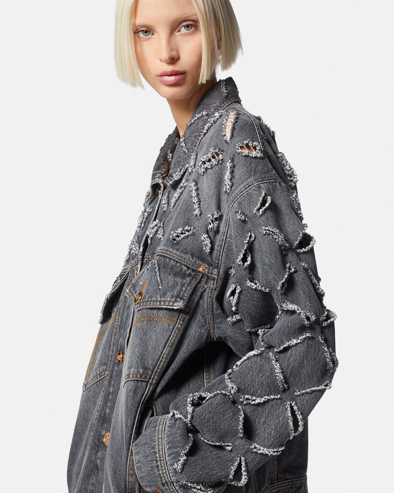 Versace chaqueta vaquera con cortes gris ropa mujer 84626J227